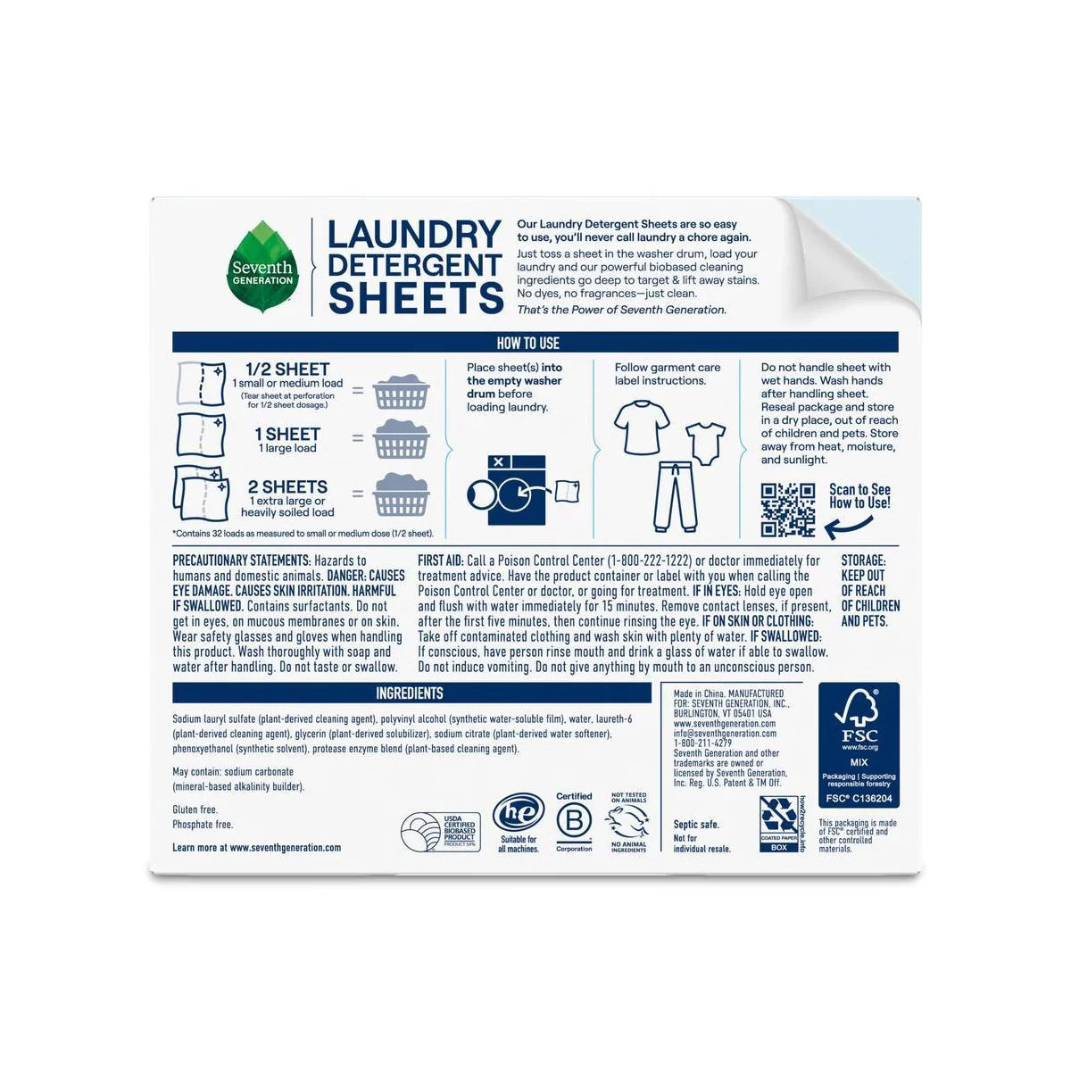 Seventh Generation Laundry Detergent Sheets - Free & Clear - 32ct: Dye-Free, Fragrance-Free, Naturally Derived, Unscented, Concentrated Formula
