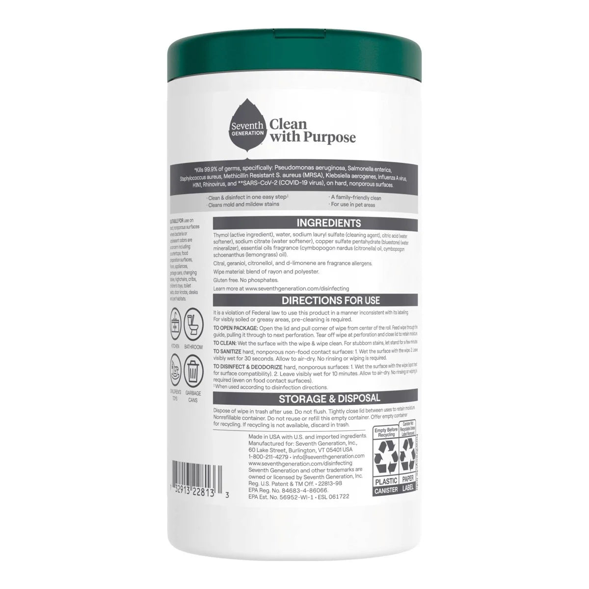 Seventh Generation Lemongrass Citrus Disinfecting Wipes - 70ct