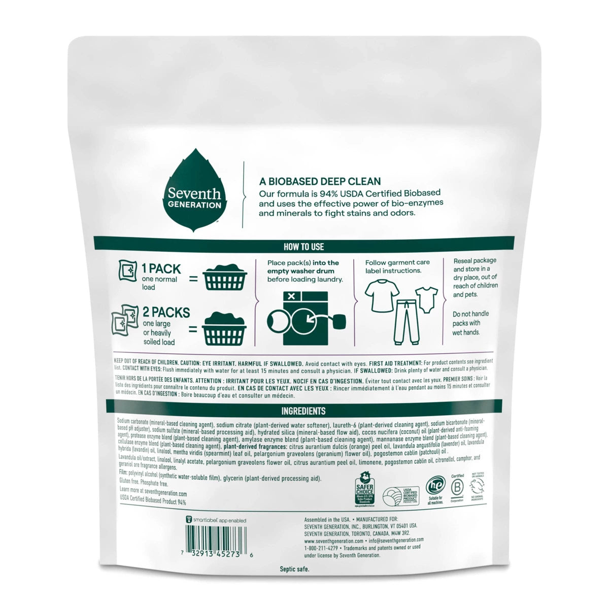 Seventh Generation Laundry Detergent Packs Fresh Lavender - 45ct/31.7oz: Resealable Bag, Hypoallergenic, Phosphate-Free