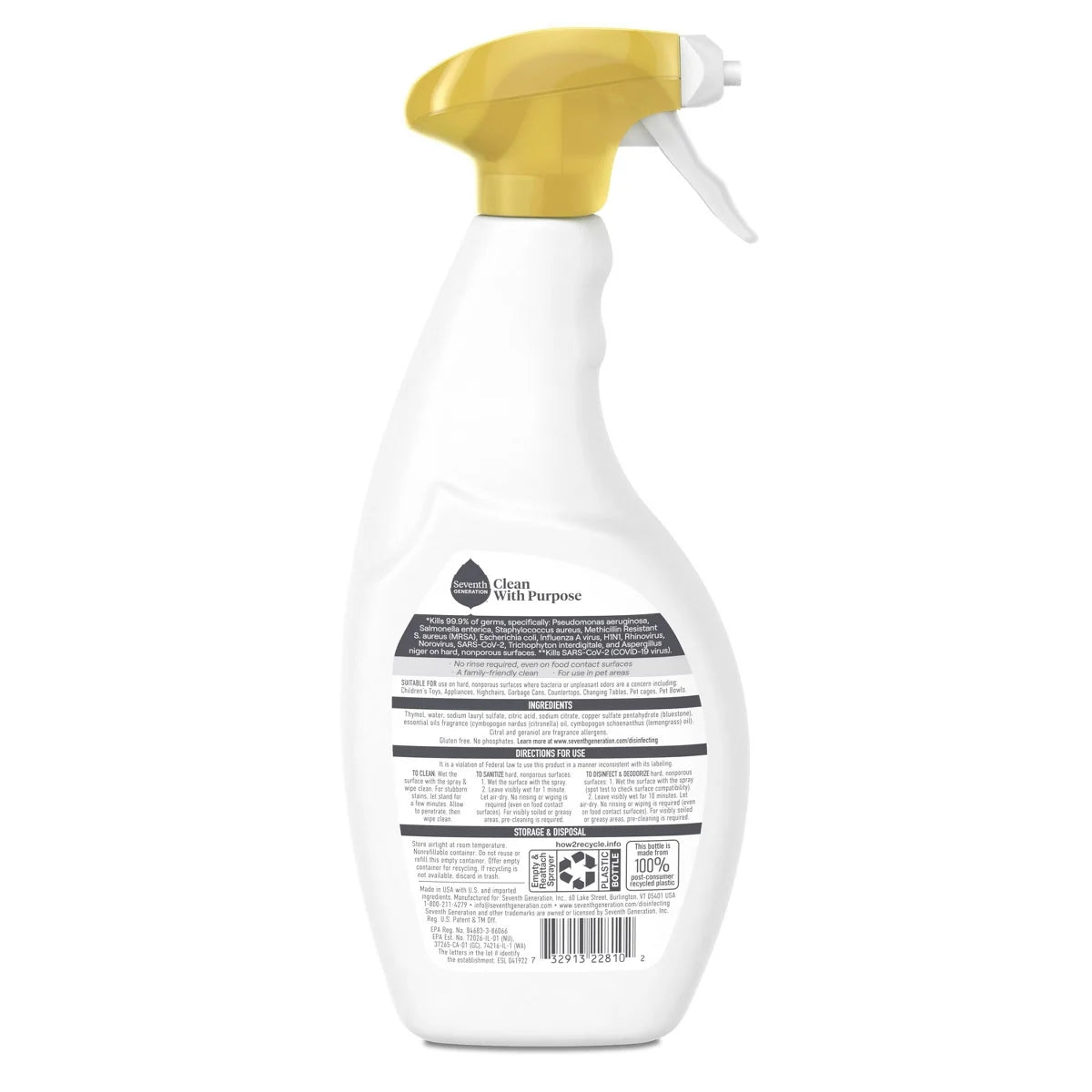 Seventh Generation Lemongrass Citrus Disinfecting Multi-Surface Cleaner - 26oz: Phosphate-Free, Liquid Spray