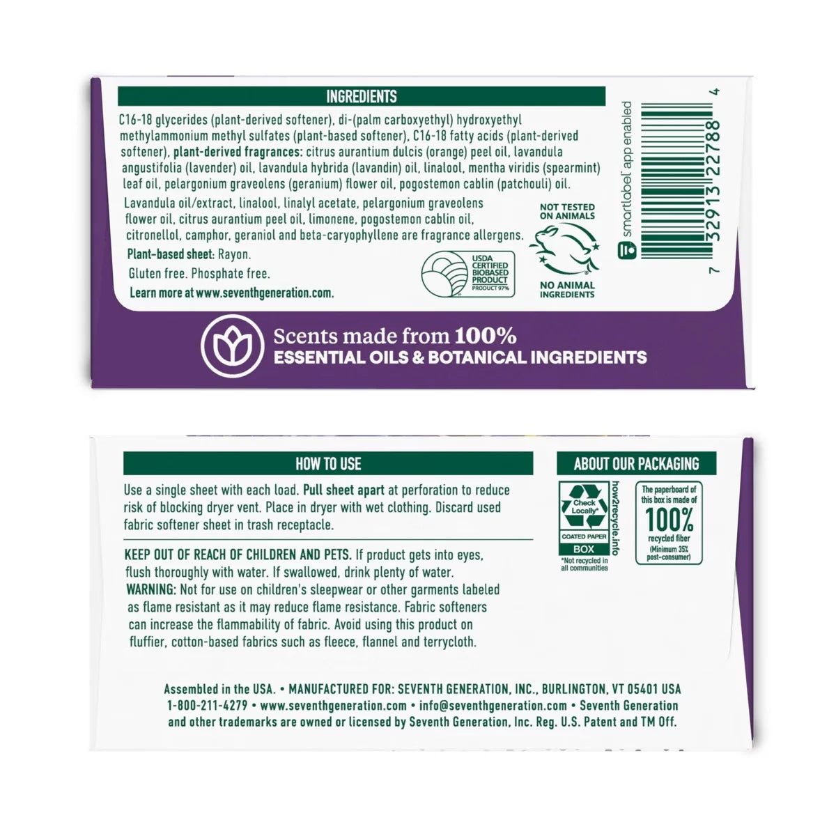 Seventh Generation Fabric Softener Sheets Fresh Lavender Scent - 80ct: Dye-Free, Phosphate-Free, Box