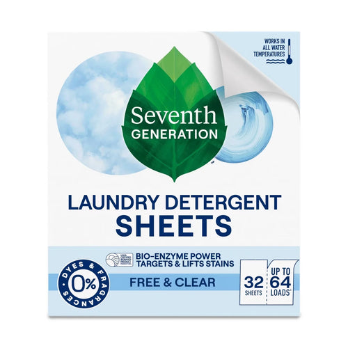 Seventh Generation Laundry Detergent Sheets - Free & Clear - 32ct: Dye-Free, Fragrance-Free, Naturally Derived, Unscented, Concentrated Formula