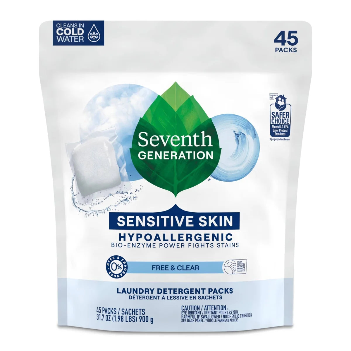 Seventh Generation Laundry Detergent Packs Free & Clear - 45ct/31.7oz: Hypoallergenic No Fragrance, Dye-Free Formula