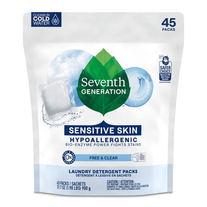 Seventh Generation Laundry Detergent Packs Free & Clear - 45ct/31.7oz: Hypoallergenic No Fragrance, Dye-Free Formula