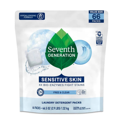 Seventh Generation Laundry Packs - Free & Clear - 66ct: Hypoallergenic, Concentrated Capsules, Resealable Bag