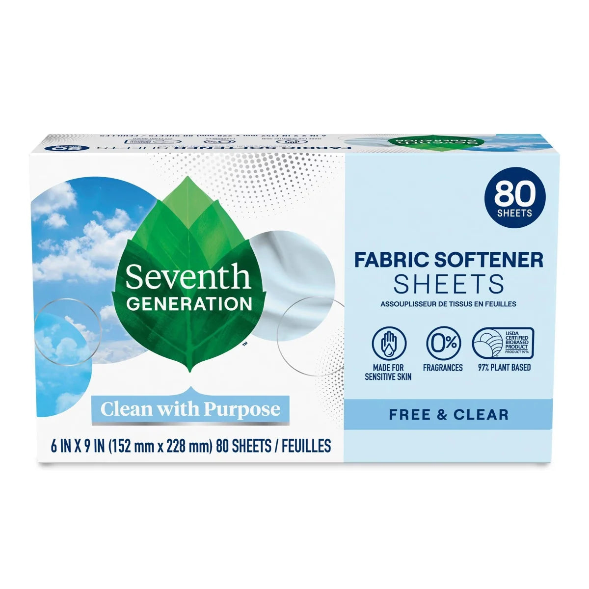 Seventh Generation Fabric Softener Sheets Free & Clear - 80ct: No Fragrance, Dye-Free, Phosphate-Free, Animal By-Product-Free