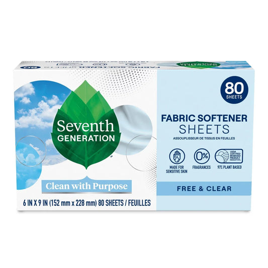 Seventh Generation Fabric Softener Sheets Free & Clear - 80ct: No Fragrance, Dye-Free, Phosphate-Free, Animal By-Product-Free