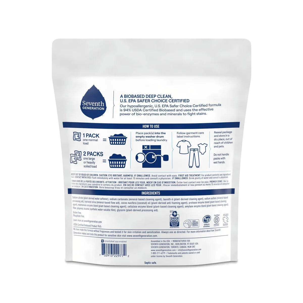 Seventh Generation Laundry Detergent Packs Free & Clear - 45ct/31.7oz: Hypoallergenic No Fragrance, Dye-Free Formula