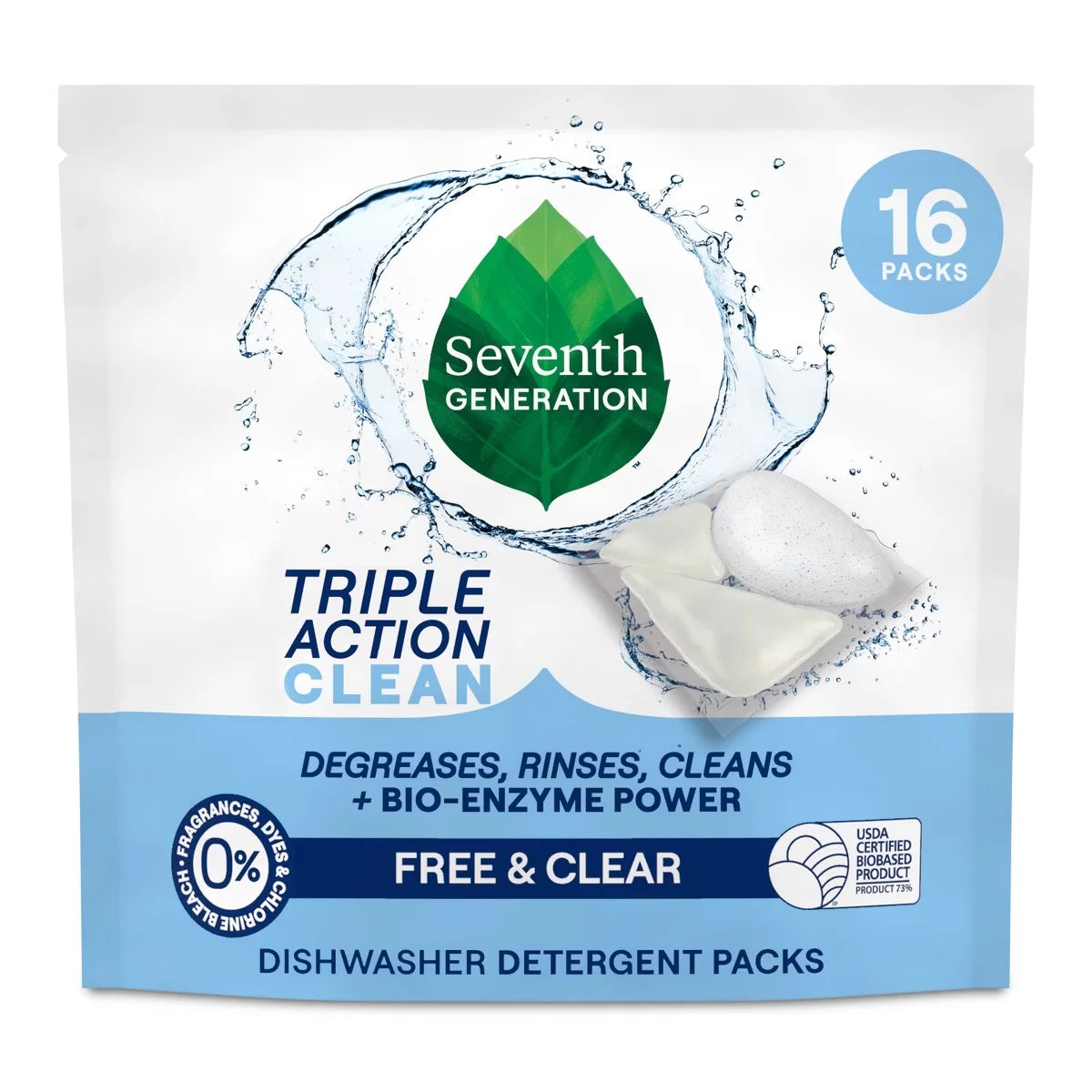 Seventh Generation Triple Action Clean Dishwasher Detergent Packets - 16ct: Unscented, No Fragrance Added, Dye-Free, Bleach-Free