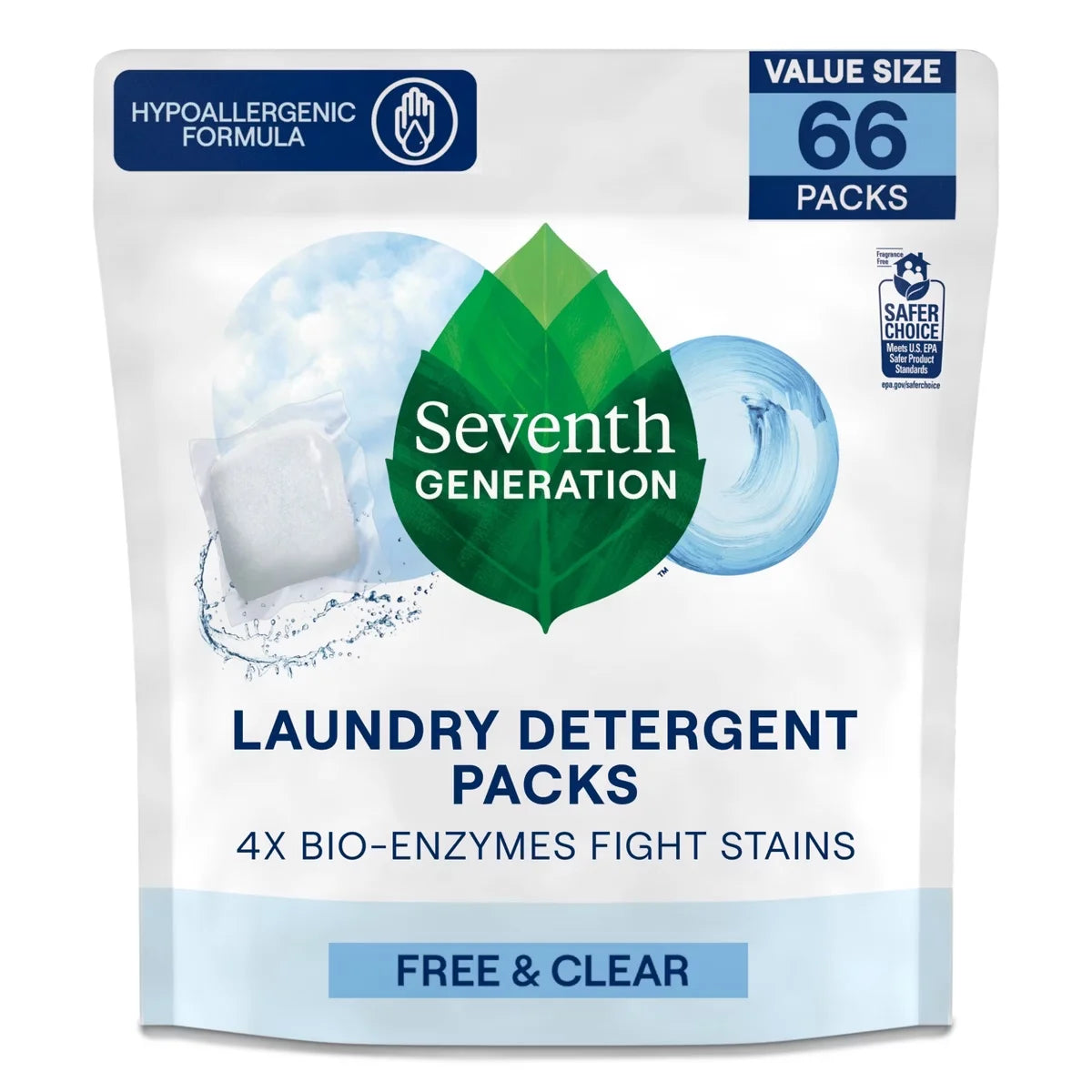 Seventh Generation Laundry Packs - Free & Clear - 66ct: Hypoallergenic, Concentrated Capsules, Resealable Bag