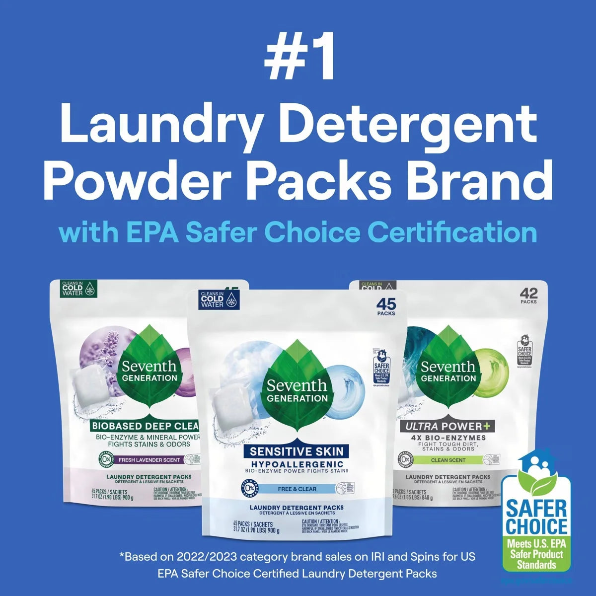 Seventh Generation Laundry Detergent Packs Free & Clear - 45ct/31.7oz: Hypoallergenic No Fragrance, Dye-Free Formula