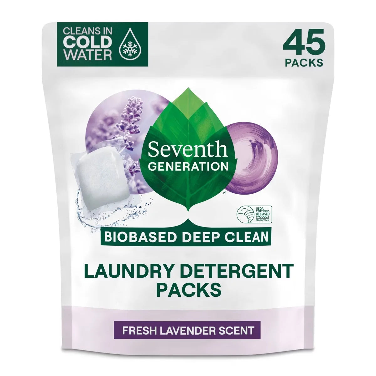 Seventh Generation Laundry Detergent Packs Fresh Lavender - 45ct/31.7oz: Resealable Bag, Hypoallergenic, Phosphate-Free
