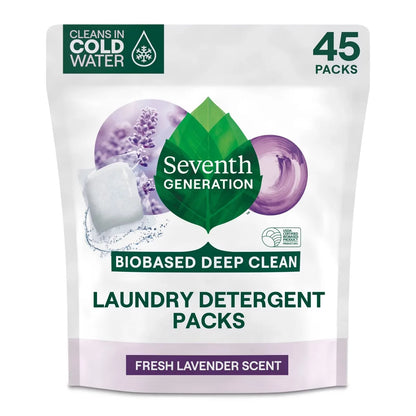 Seventh Generation Laundry Detergent Packs Fresh Lavender - 45ct/31.7oz: Resealable Bag, Hypoallergenic, Phosphate-Free