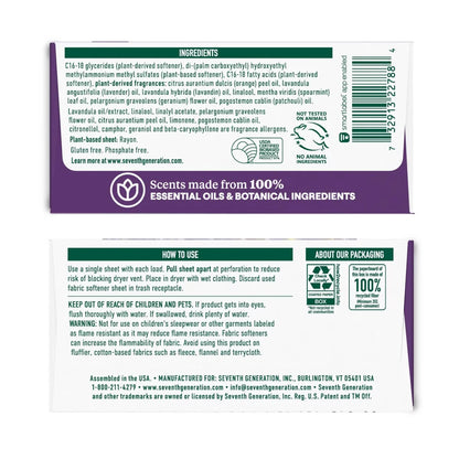 Seventh Generation Fabric Softener Sheets Fresh Lavender Scent - 80ct: Dye-Free, Phosphate-Free, Box